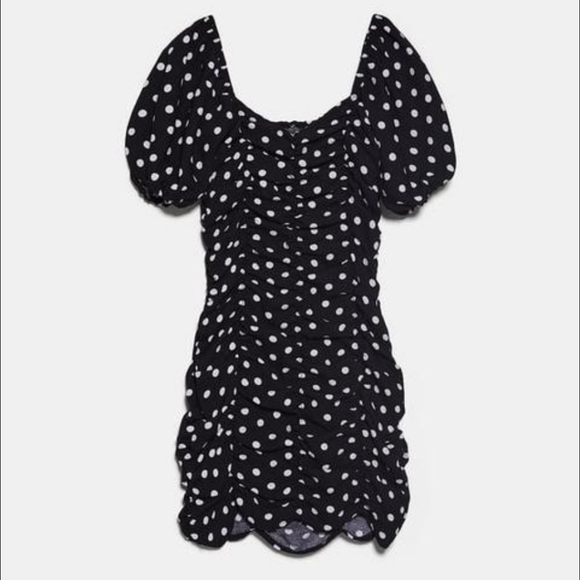 Zara Black & White Polka Dot Ruched Mini Dress with Puff Sleeves - Picture 8 of 14